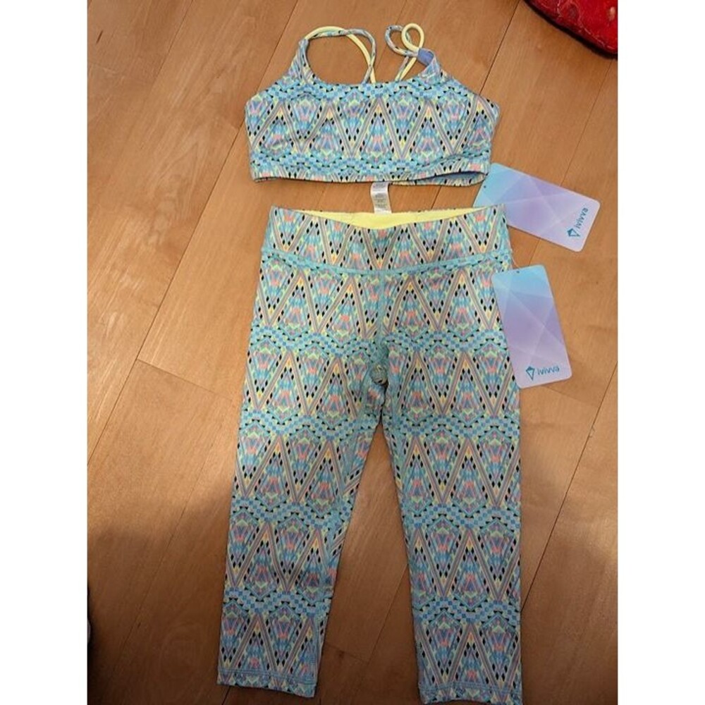NWT Ivivva by Lululemon Bra and Leggings geometric blue yellow pink  8 10